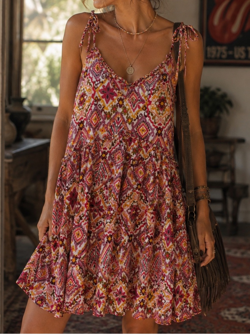 Patrons of PeaceMulticolor Ikat Print Tie-Shoulder Mini Babydoll Dress Boho